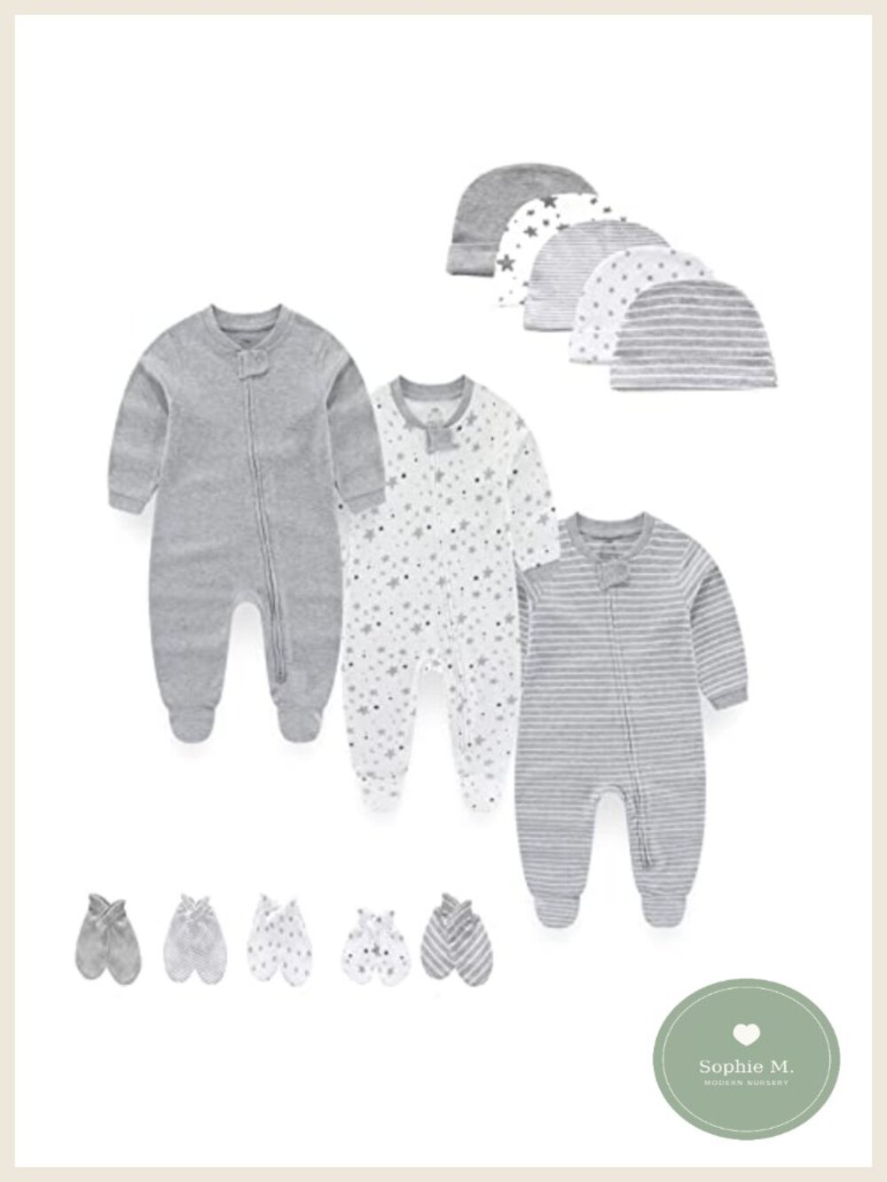 Baby 2-Way Zip Footed Long Sleeve 100% Cotton Romper Cap Mittens Set 0-6M